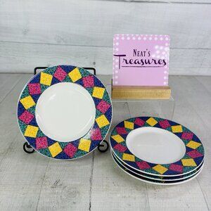 Signature HARLEQUIN  Purple Green Yellow Diamond Smooth Saucer Side Plates Set 4